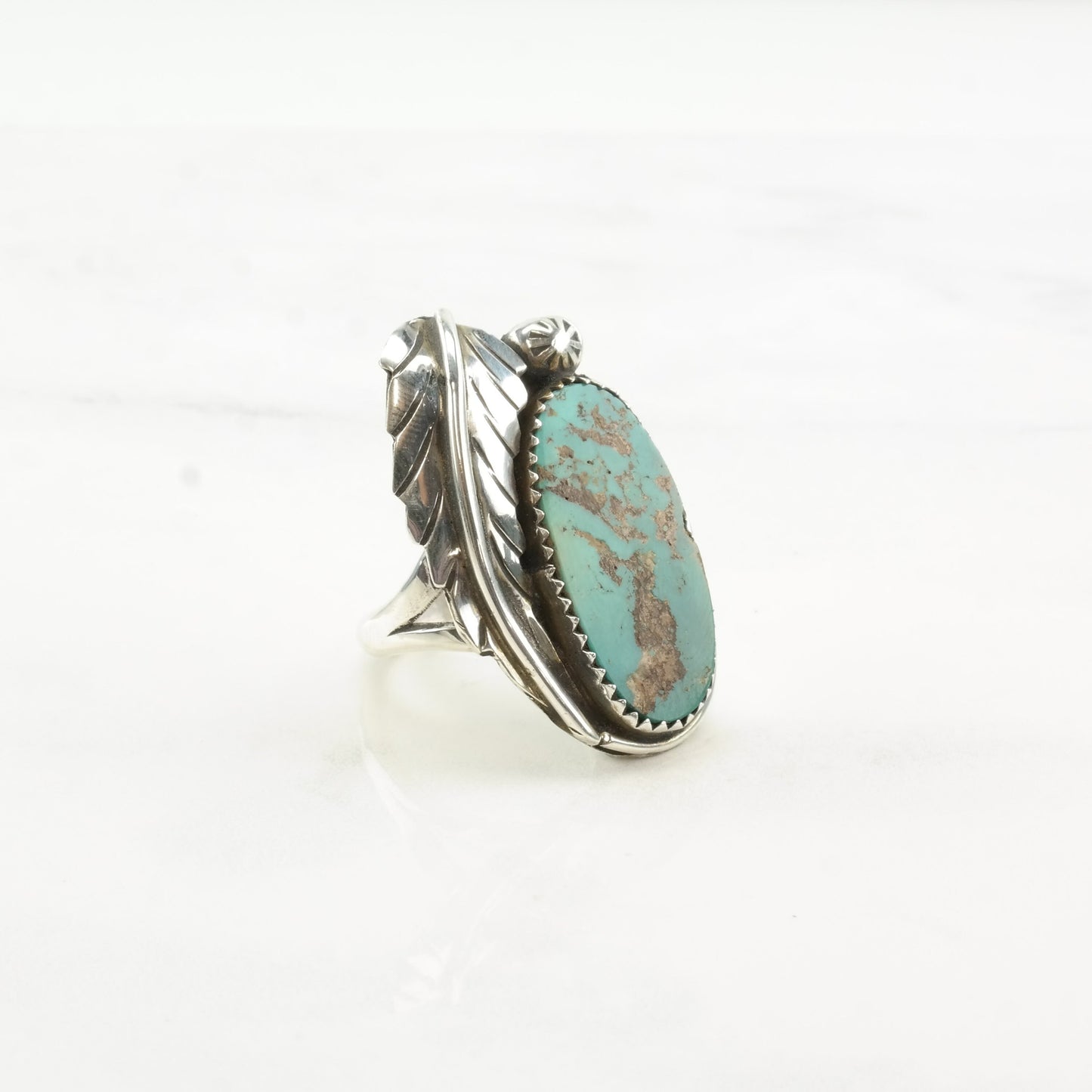 Vintage Native American Silver Ring Royston Turquoise Leaf Flower Sterling Size 7 3/4