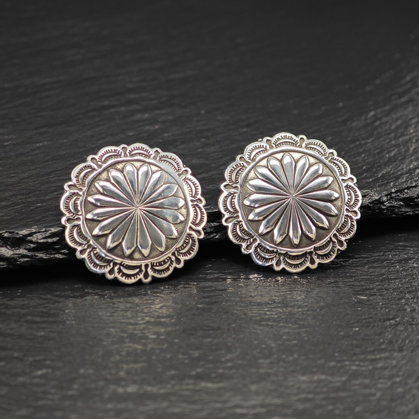 Vintage Concho Round, Shield Stud Earrings Sterling Silver