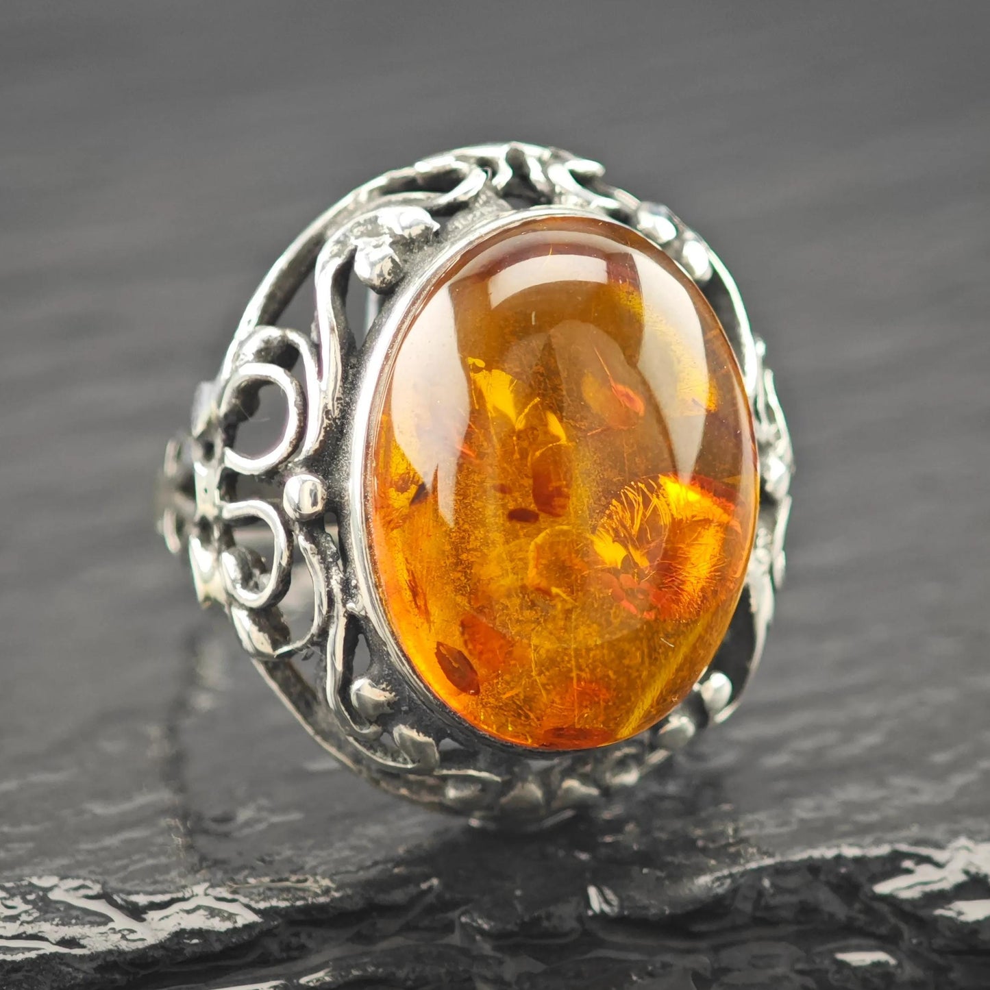 European Dome Amber Ring Sterling Silver Sz 9 1/4