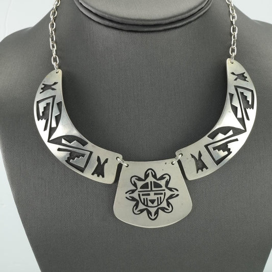 Hopi Sterling Silver Overlay Necklace with Sunface Pendant, Native American, 1980s