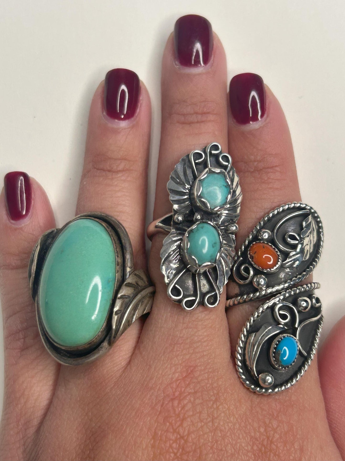 Native American Silver Ring Turquoise, Coral Feather, Large, Bypass Sterling Blue, Red Size 8 1/2