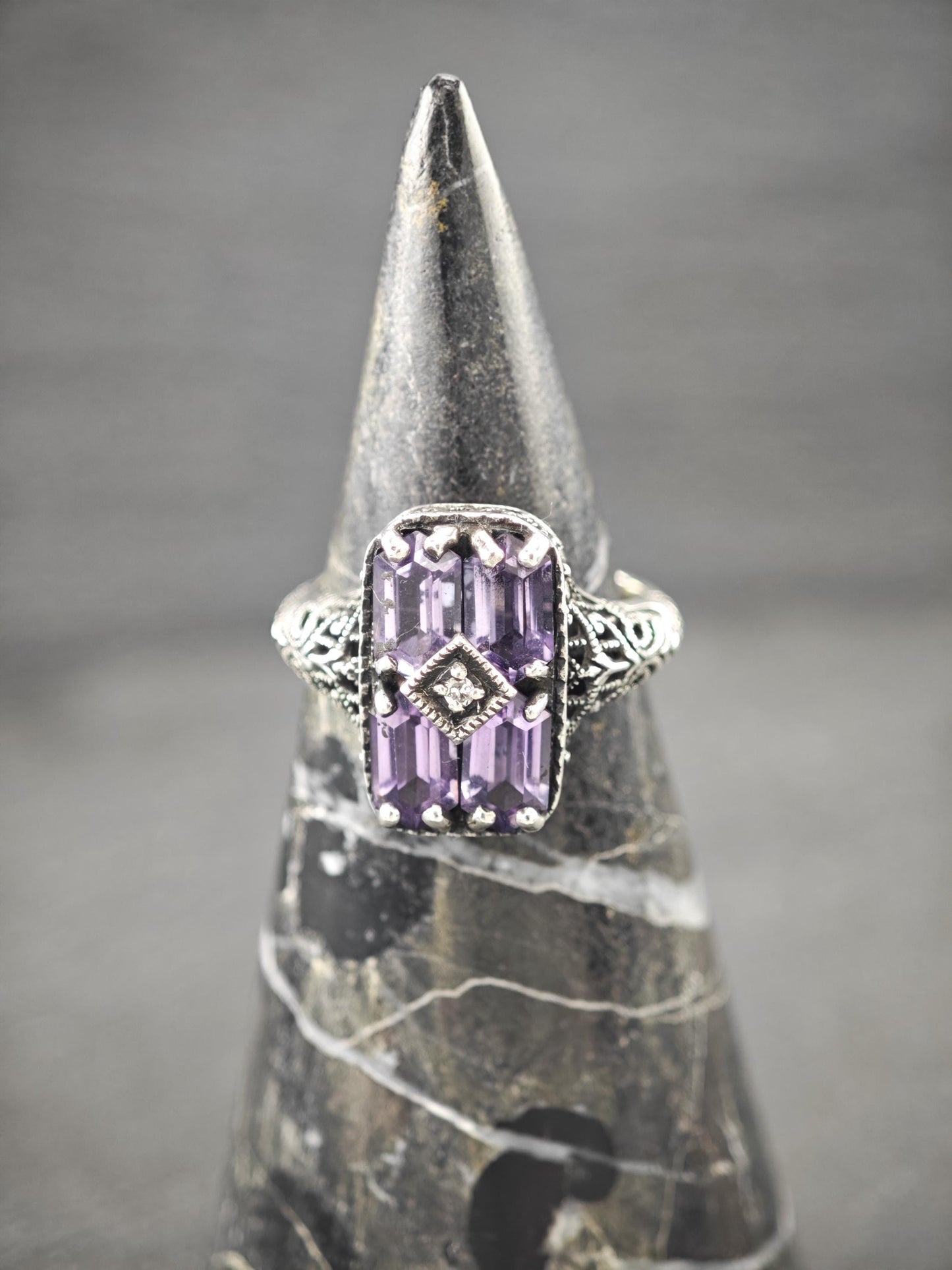 Art Deco Style Amethyst, Diamond Chip Ring Sterling Silver