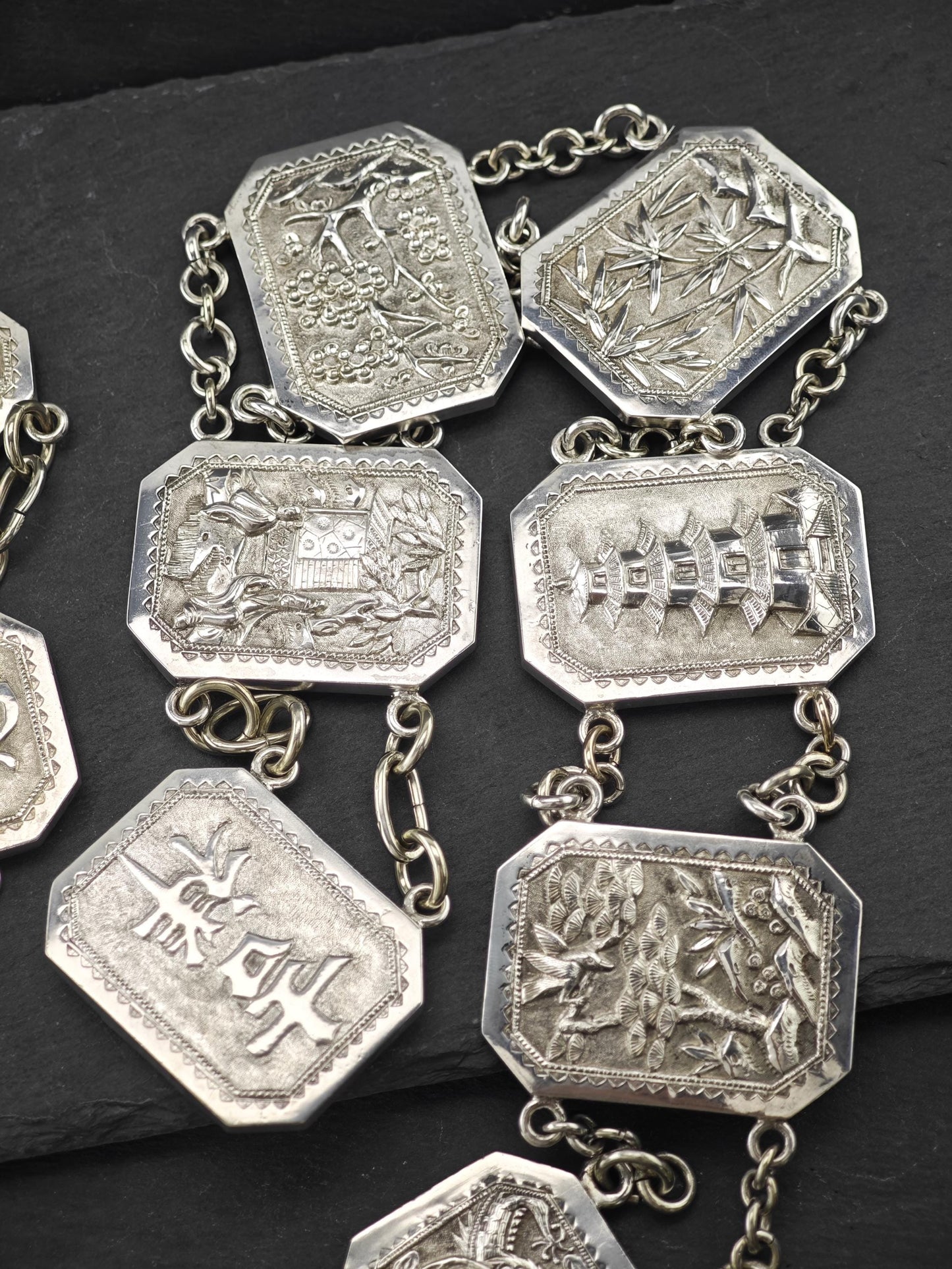 Antique Chinese Export Repousse Sterling Silver Belt Marked Hung Chong