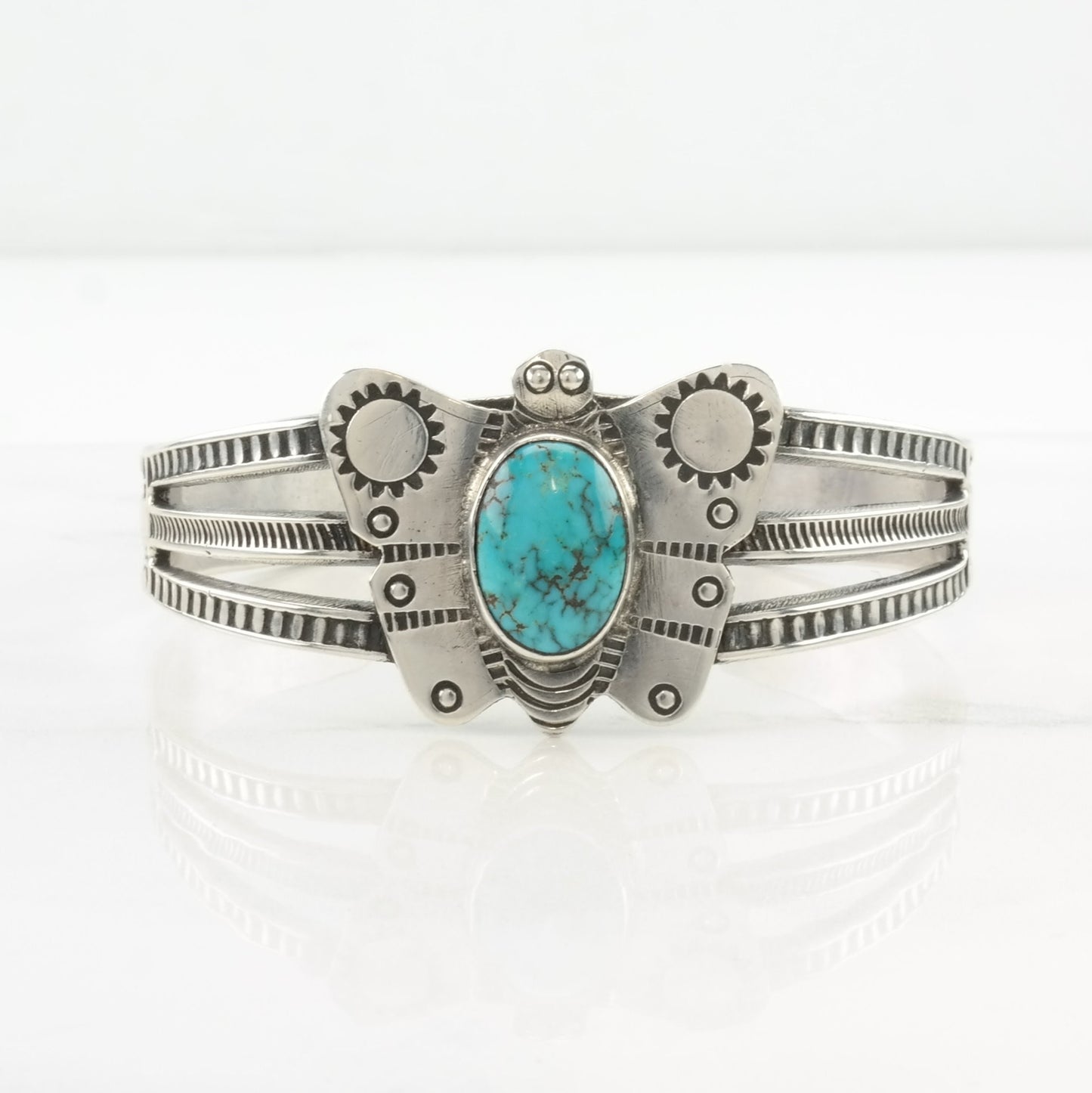 Native American Sterling Silver Cuff Bracelet Blue Turquoise Butterfly