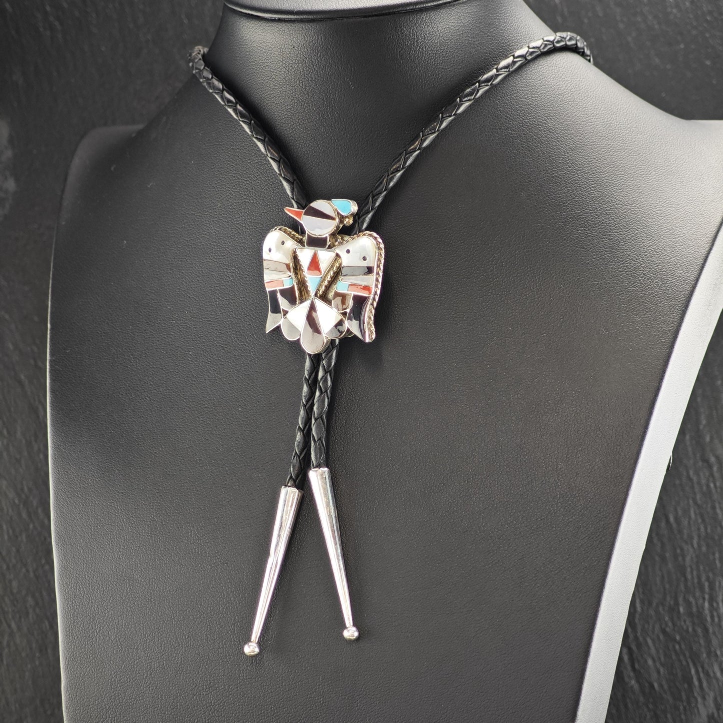 Vintage Native American Sterling Silver, Inlay Thunderbird Bolo Tie Necklace N2743