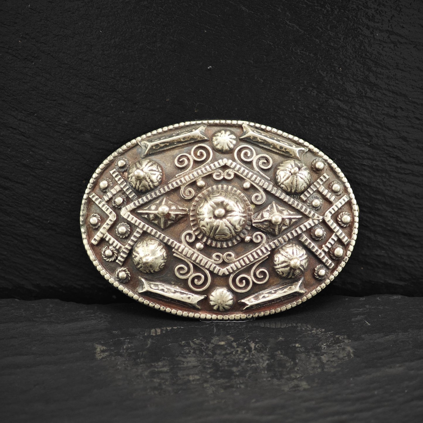 Vintage Tribal Sterling Silver Oval Brooch Unique Artisan Jewelry