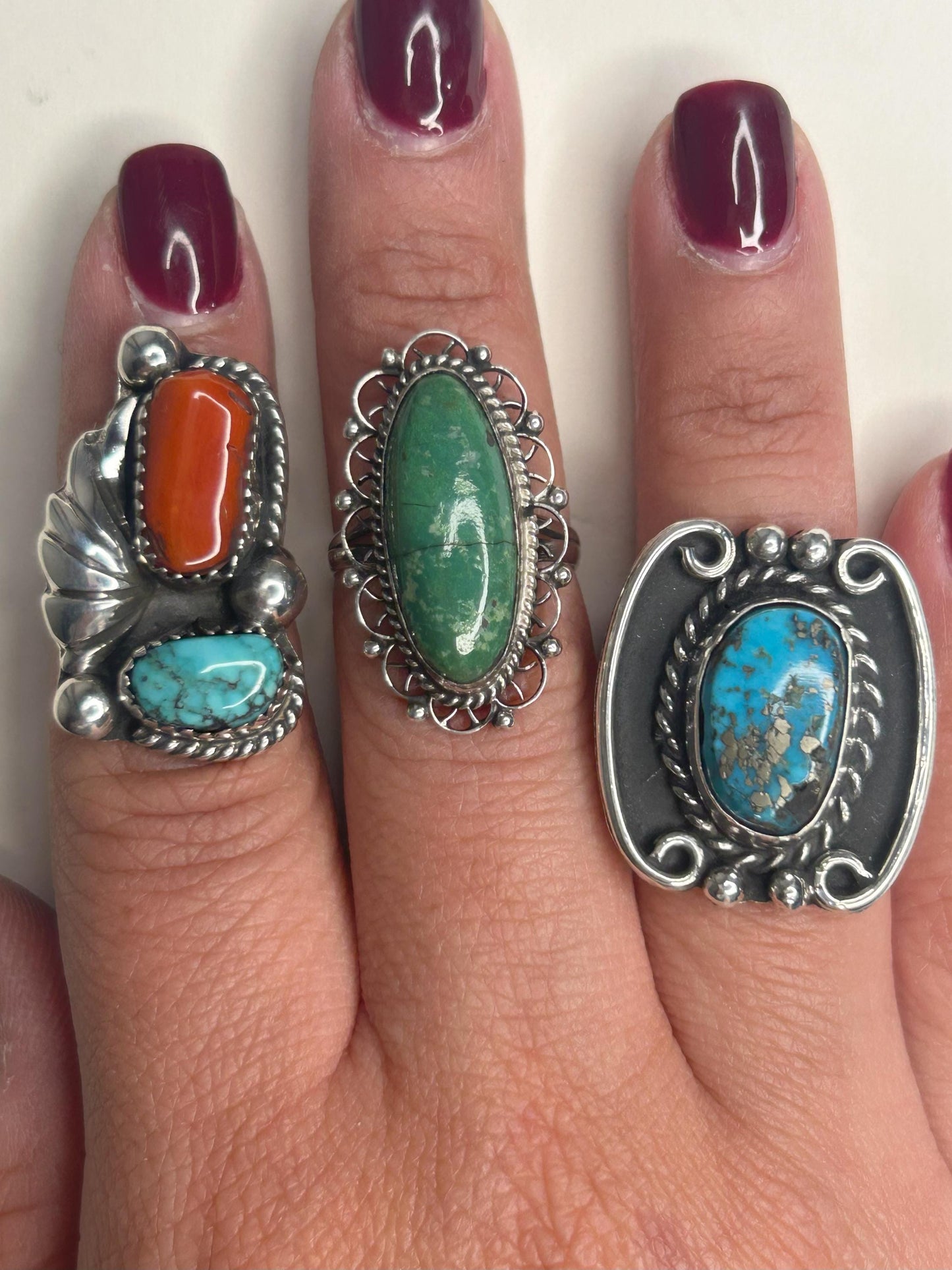 Native Silver Ring Turquoise, Coral Feather Sterling Blue, Red Sz3 3/4 R5545