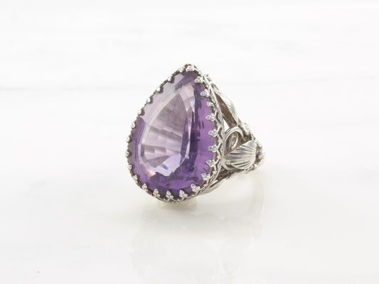 Sterling Silver Ring Amethyst Teardrop, Floral Size 7 3/4