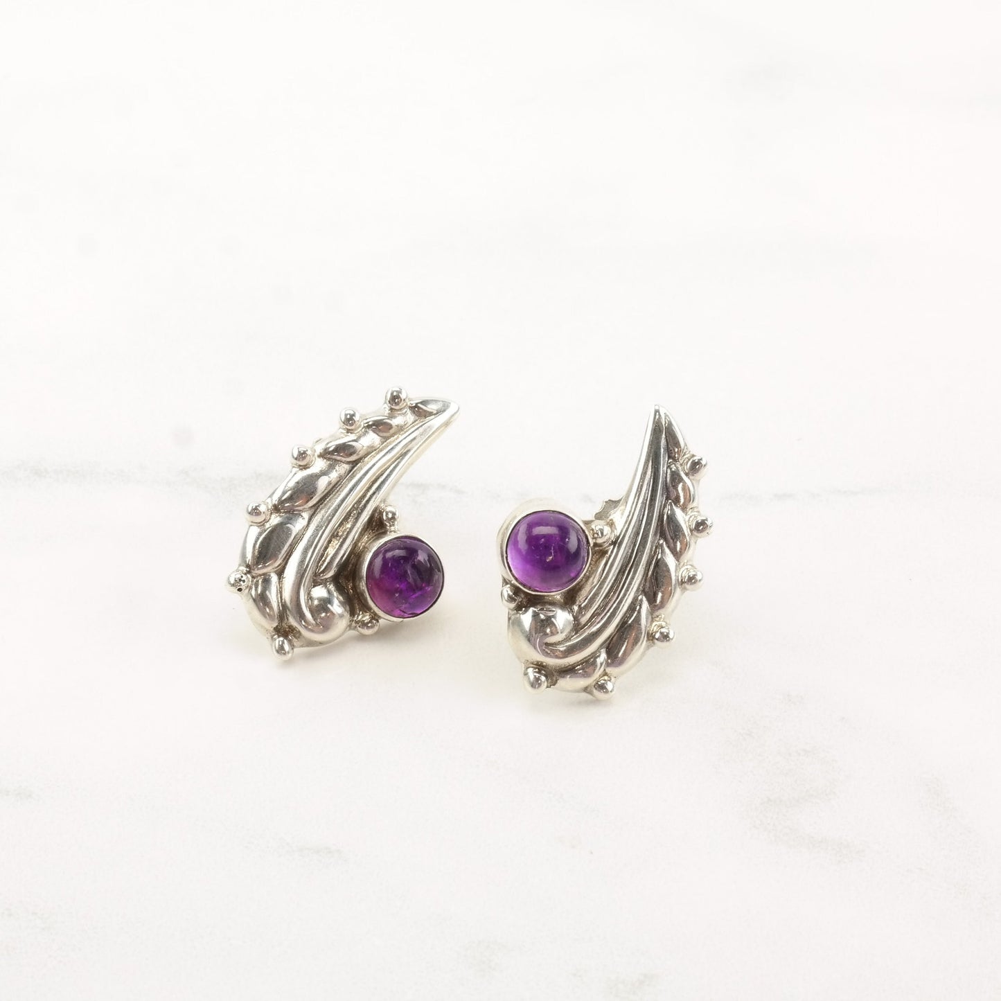 Taxco Sterling Silver Amethyst Circle Earrings Screw back