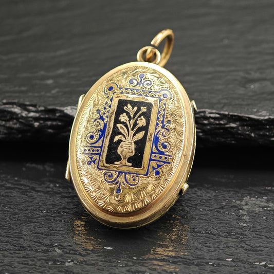 Antique Gold Filled Memorial Hair Locket Pendant Enamel, P3026