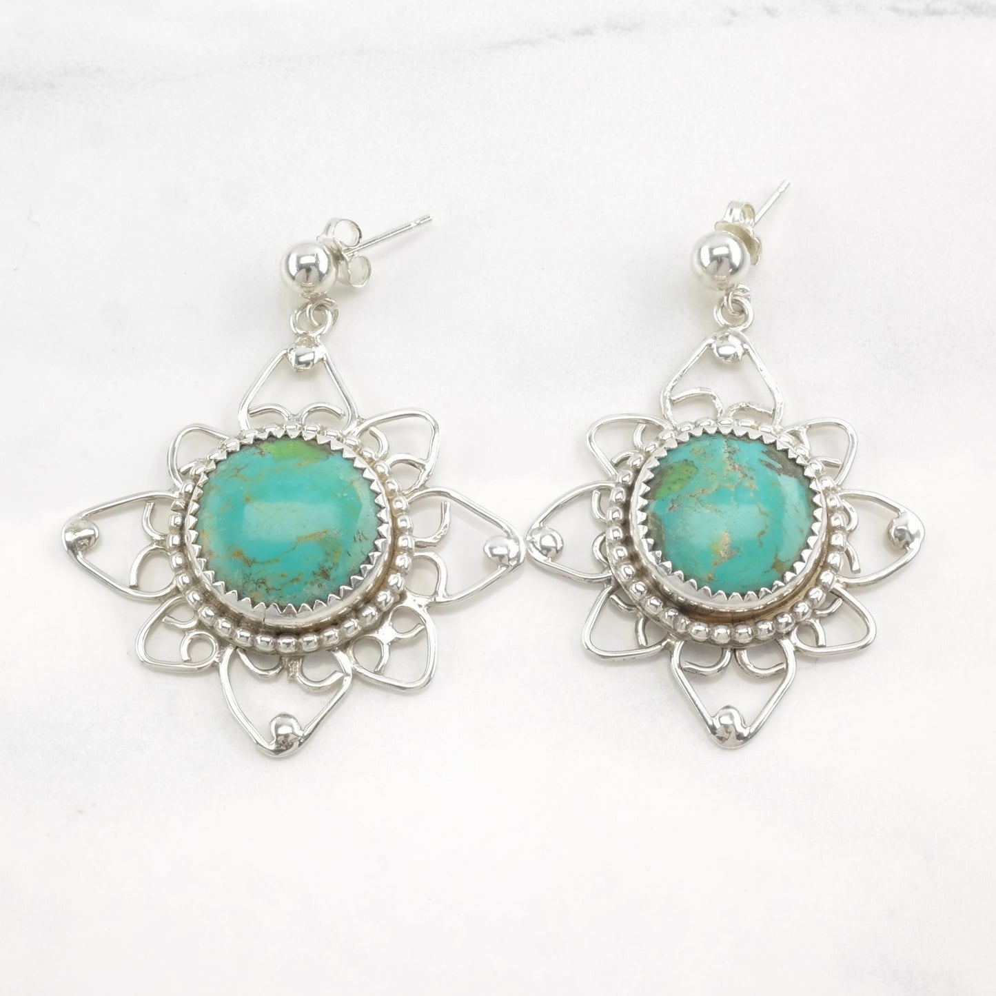 Native American Sterling Silver Blue Turquoise Floral Earrings Stud, Dangle