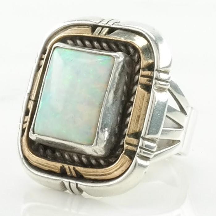 Vintage Sterling Silver Ring Lab Opal 12K Gold Accents Size 5 3/4