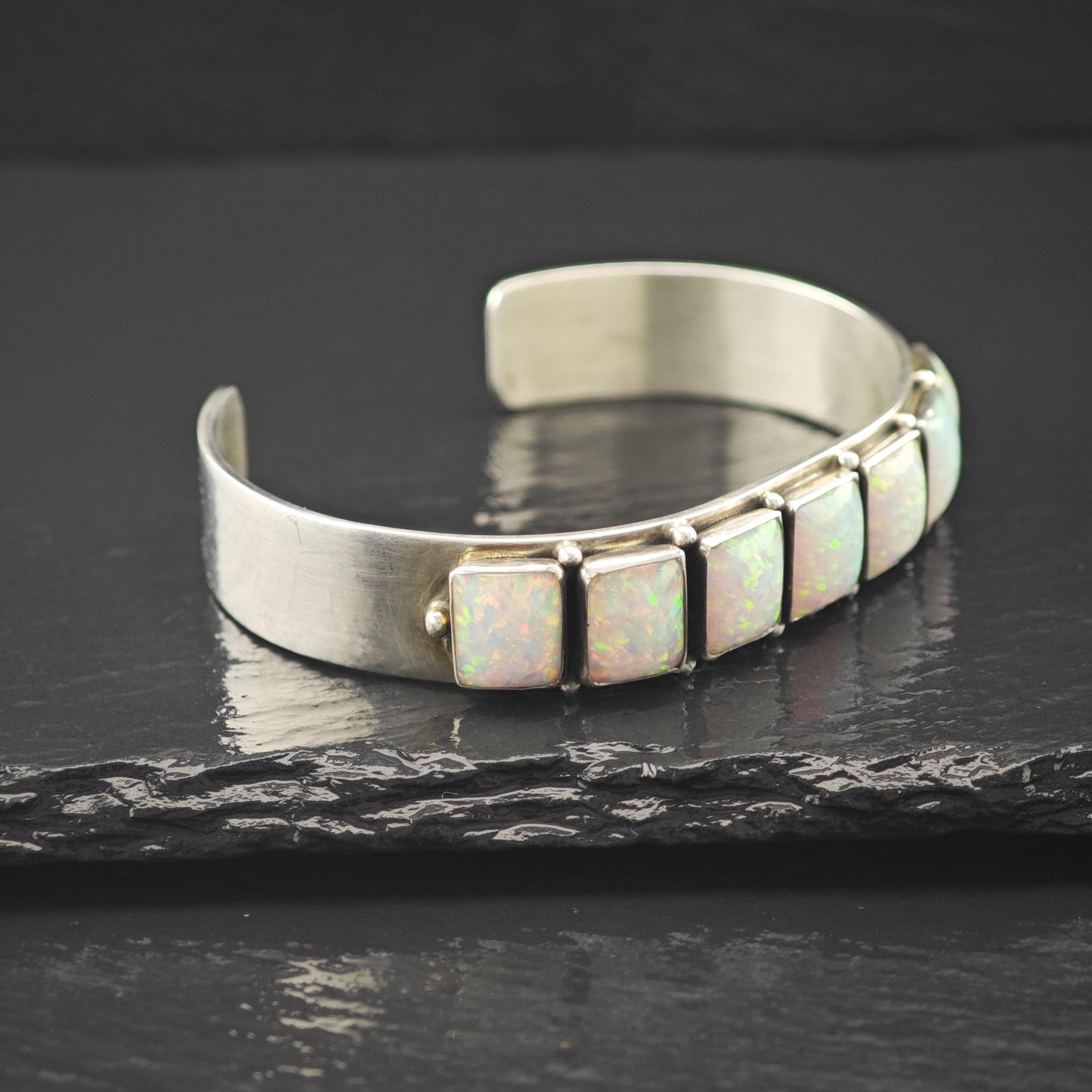 Navajo, Leonard James Lab Opal Cuff Bracelet Sterling Silver