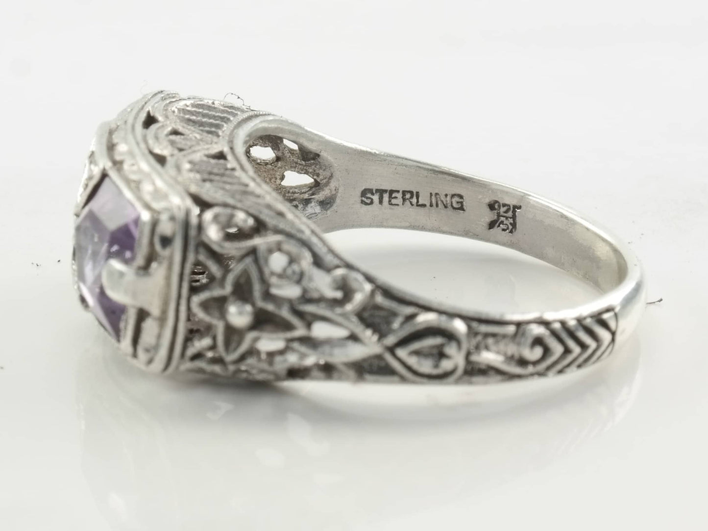 Sterling Silver Ring Double Amethyst, Gemstone, Floral, Filigree Size 6 3/4