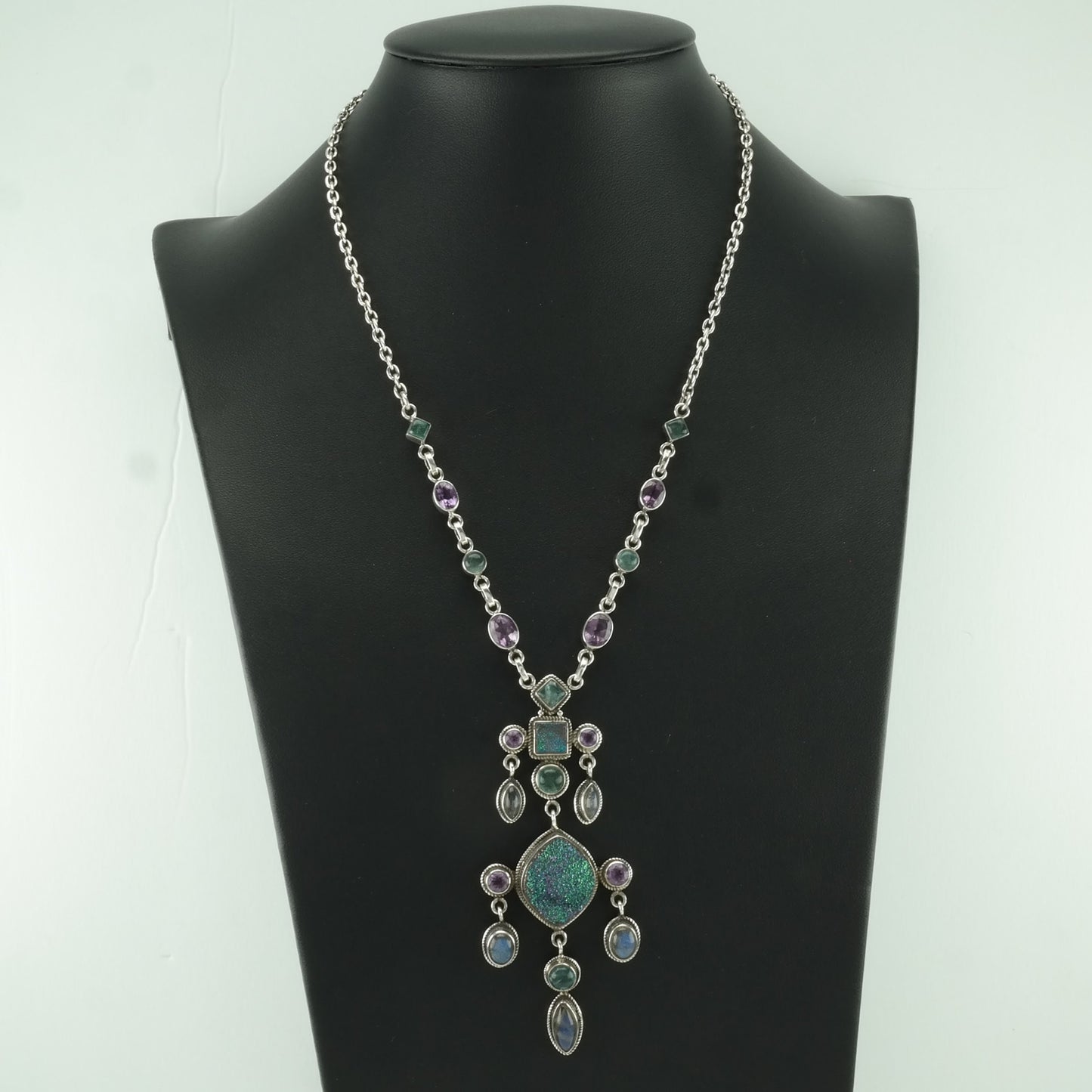 Nicky Butler Dangle Necklace Sterling Silver Purple, Green Labradorite, Amethyst, Druzy