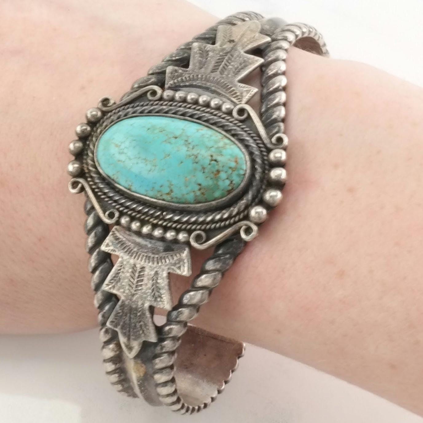 Historic Number Eight Turquoise Native American Sterling Silver Cuff Bracelet Blue Stamped