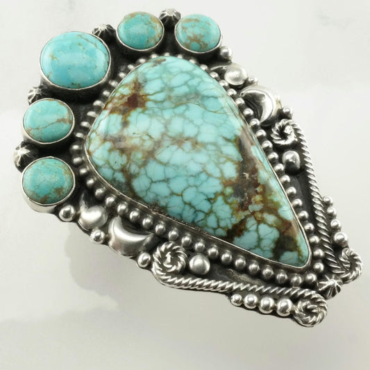 Southwest Large Ring #8 Turquoise Scroll Sterling Silver Size 9 1/4