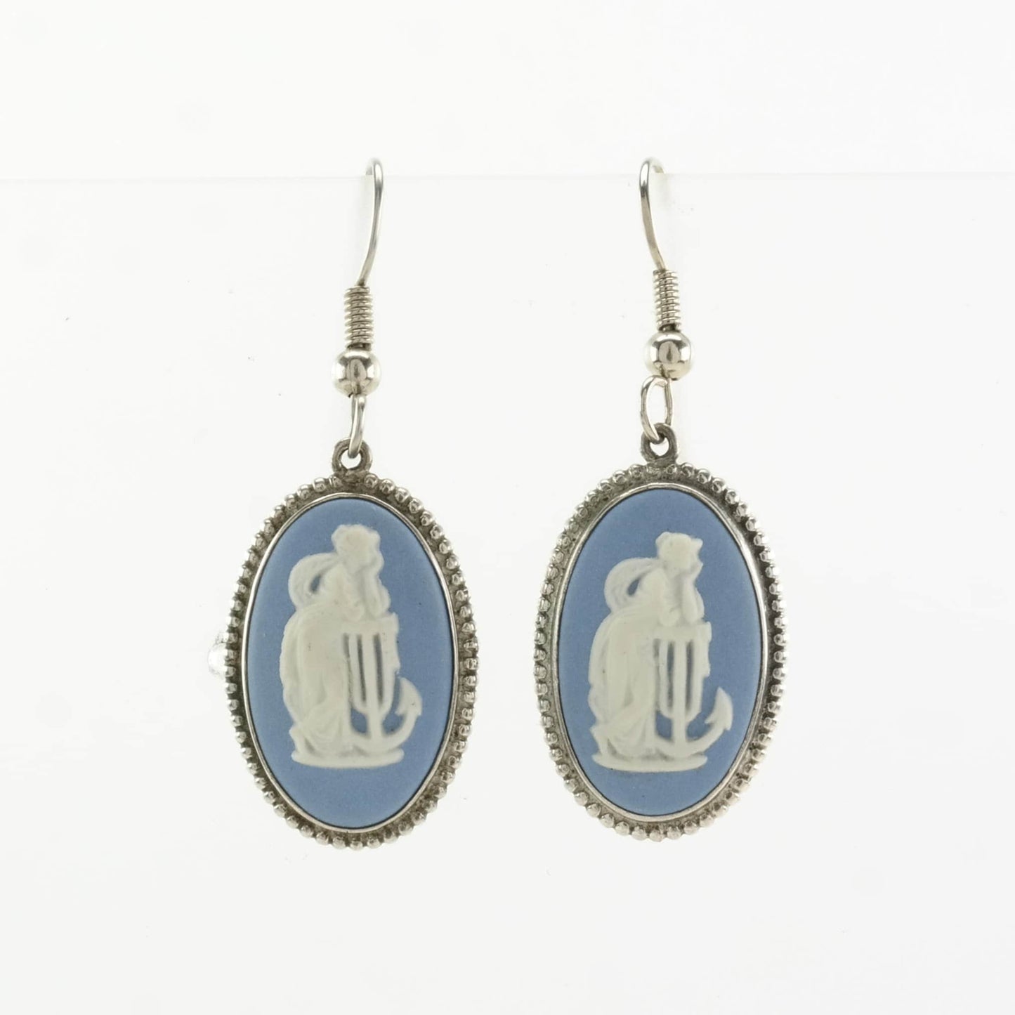 English Sterling Silver Cameo Wedgwood Blue Earrings Fish hook/Dangle