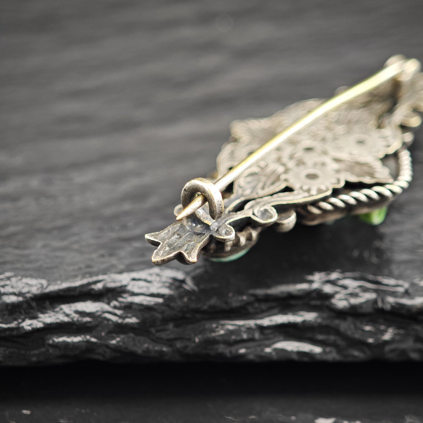 Egyptian Revival Green Turquoise Sterling Silver Brooch