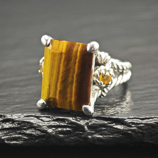 Judith Ripka Tiger's Eye, Citrine Sterling Silver Ring Sz 7 R6742