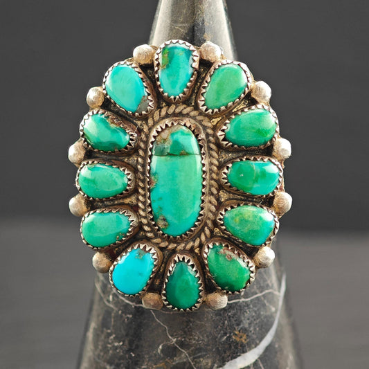 Green Turquoise Cluster Ring Native Sterling Silver R5795