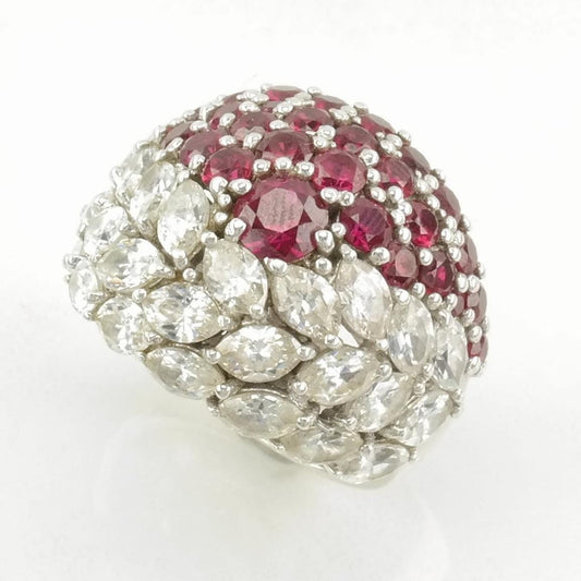 Vintage Sterling Silver Ring Lab Ruby, CZ Cluster Pink Size 7