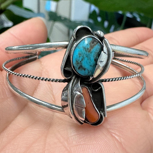 Southwest Turquoise, Coral Feather, Shadow Box Sterling Silver Cuff Bracelet