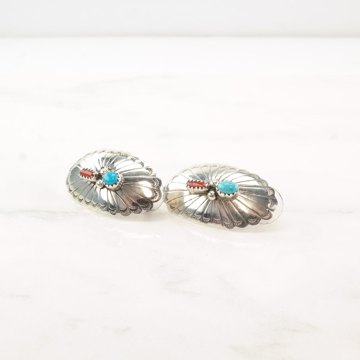 Native American Sterling Silver Turquoise Coral Concho Earrings Stud