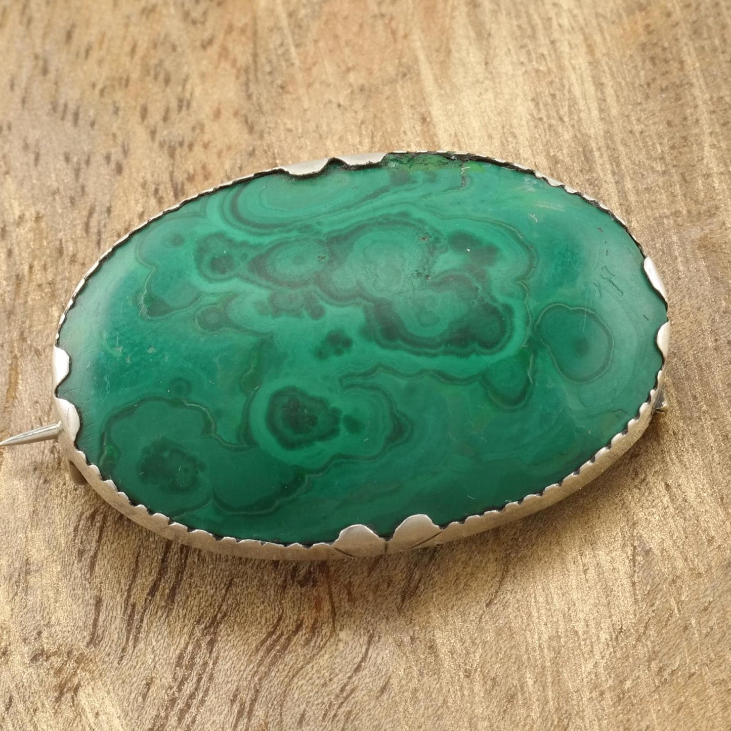 Art Deco Natural Malachite Sterling Silver Brooch