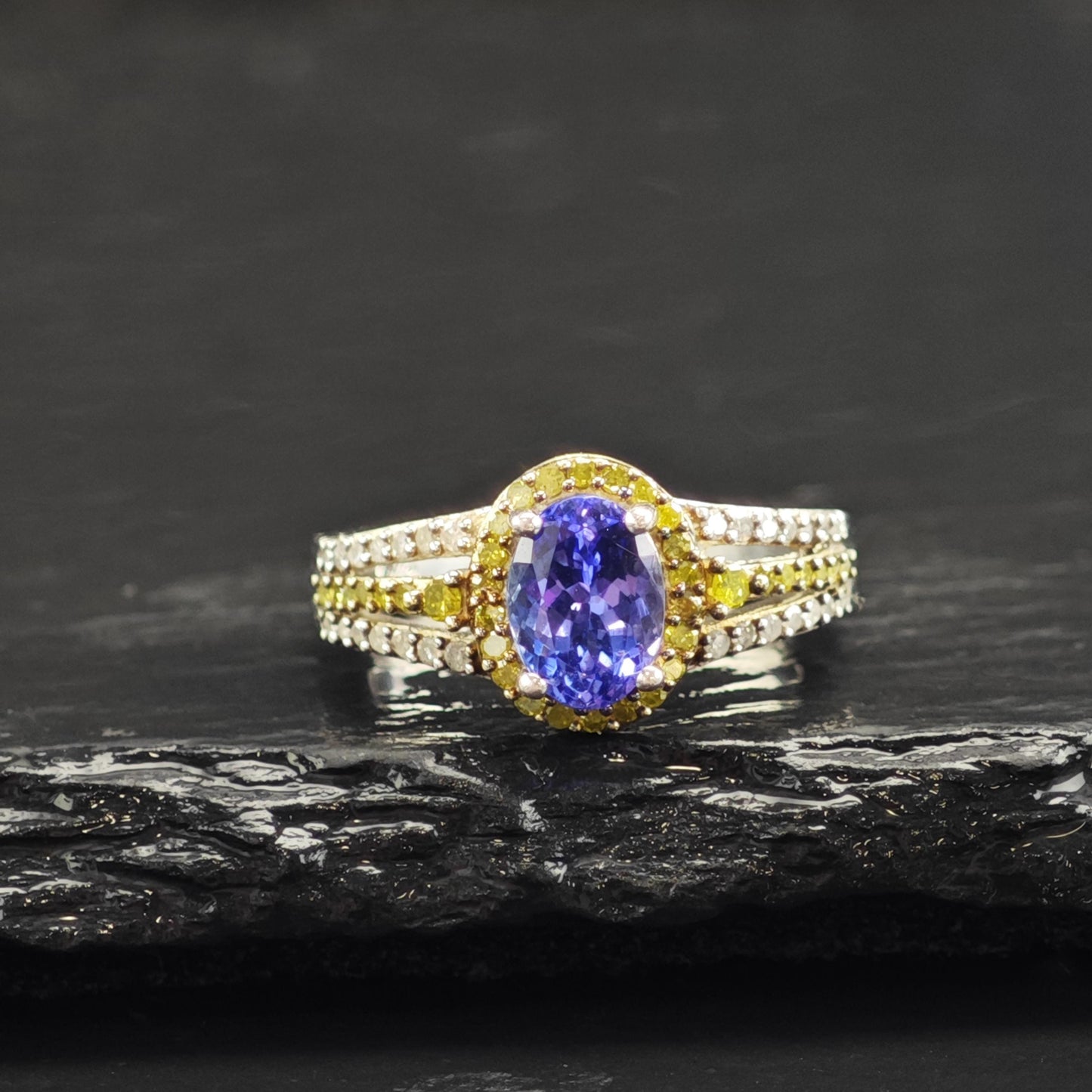 Tanzanite White & Yellow Diamond Sterling Silver Ring Sz 5 R6587