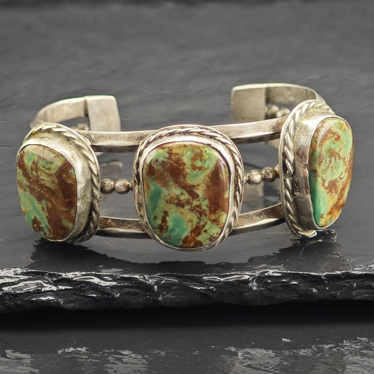 Ceremonial Kingman Turquoise Trio Sterling Silver Cuff Sz 6 " BR3137