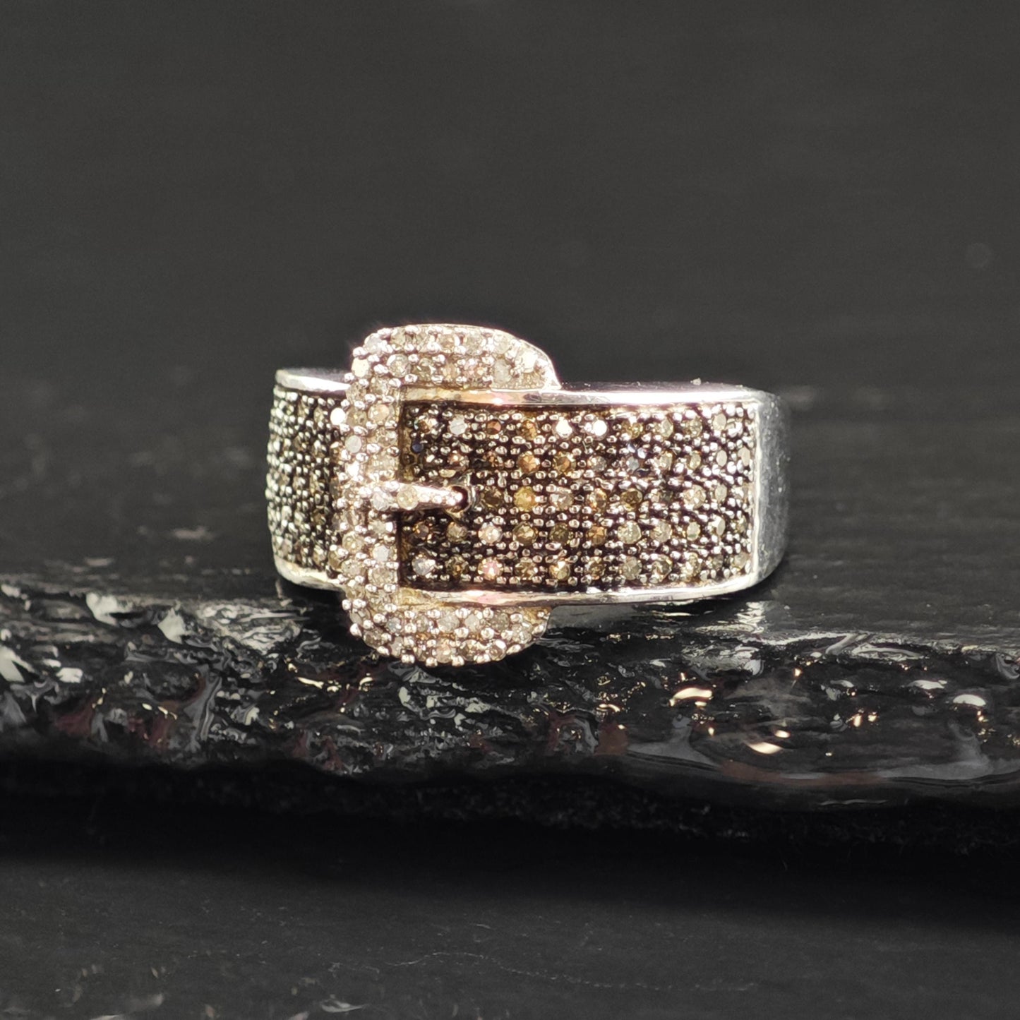 Brown & White Diamond Belt Buckle Sterling Silver Ring Sz 5 1/4 R6564