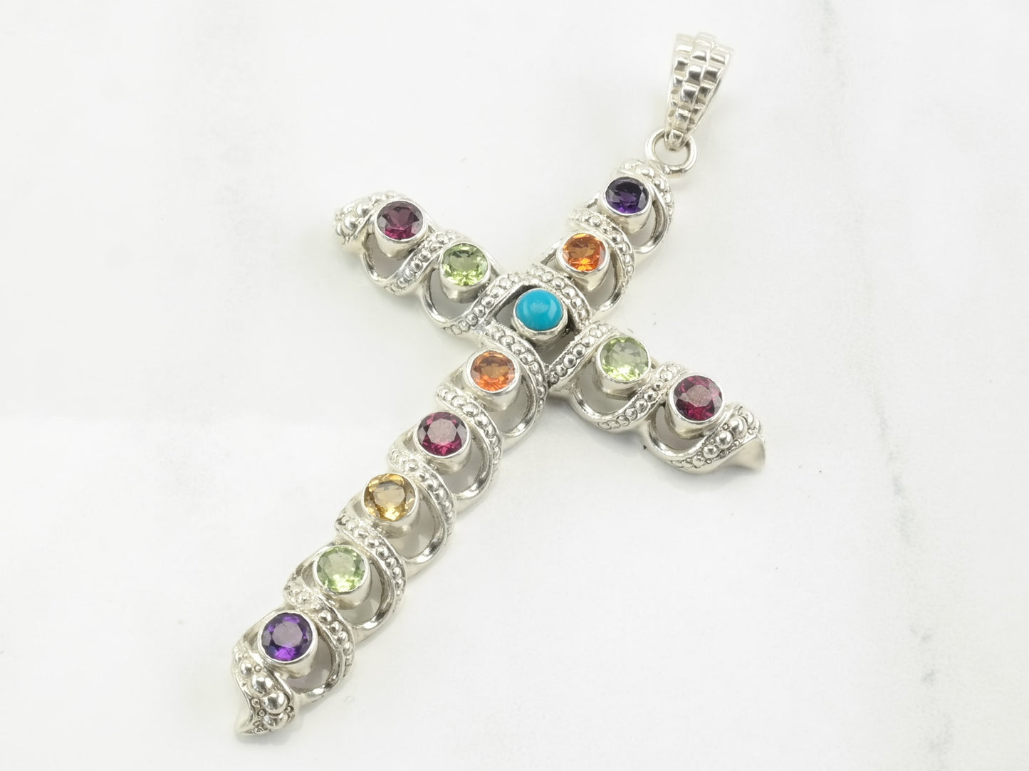 Vintage Nicky Butler Turquoise Garnet Peridot Amethyst Cross Sterling Silver Pendant