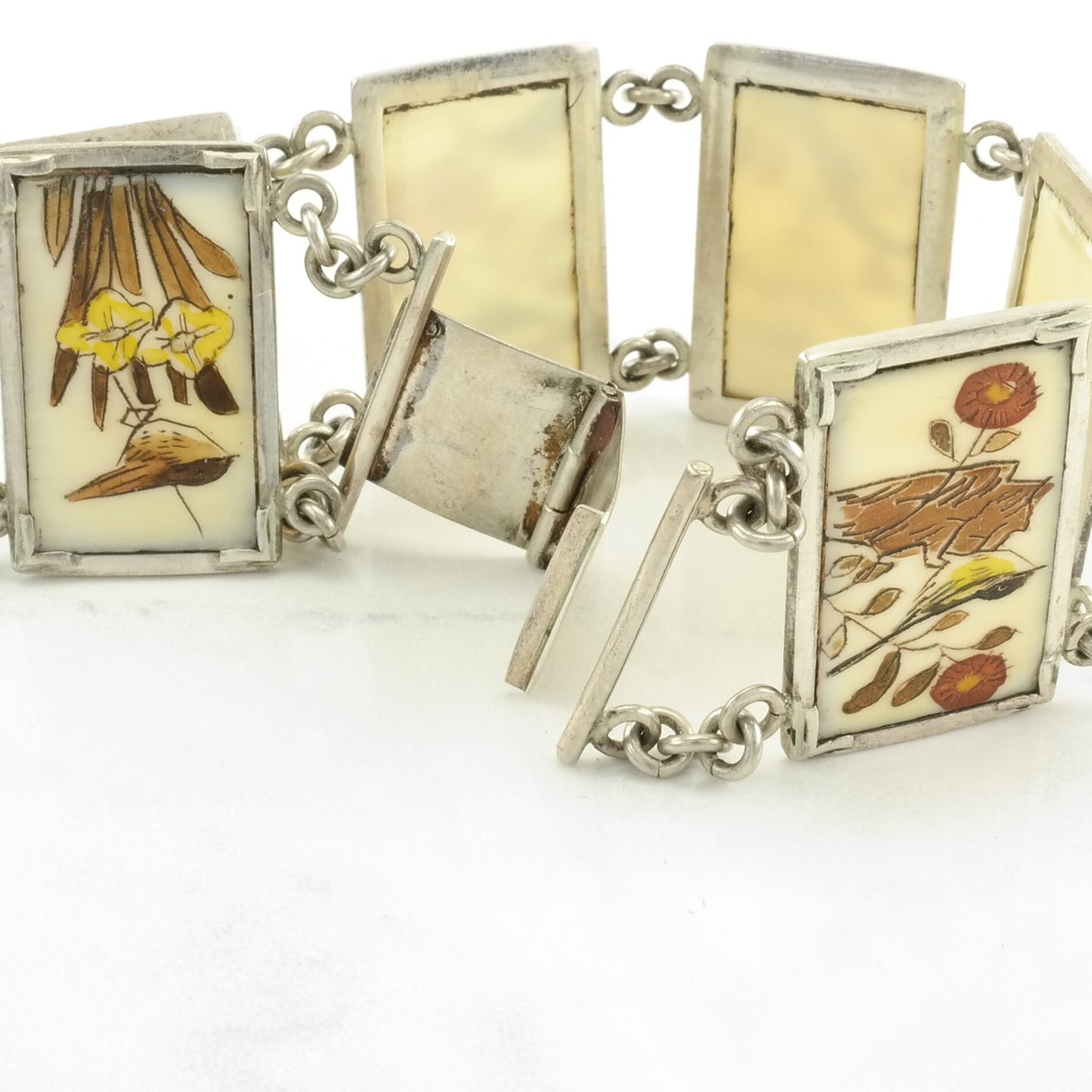 Sterling Silver Link Bracelet Hand Painted Birds, Resin