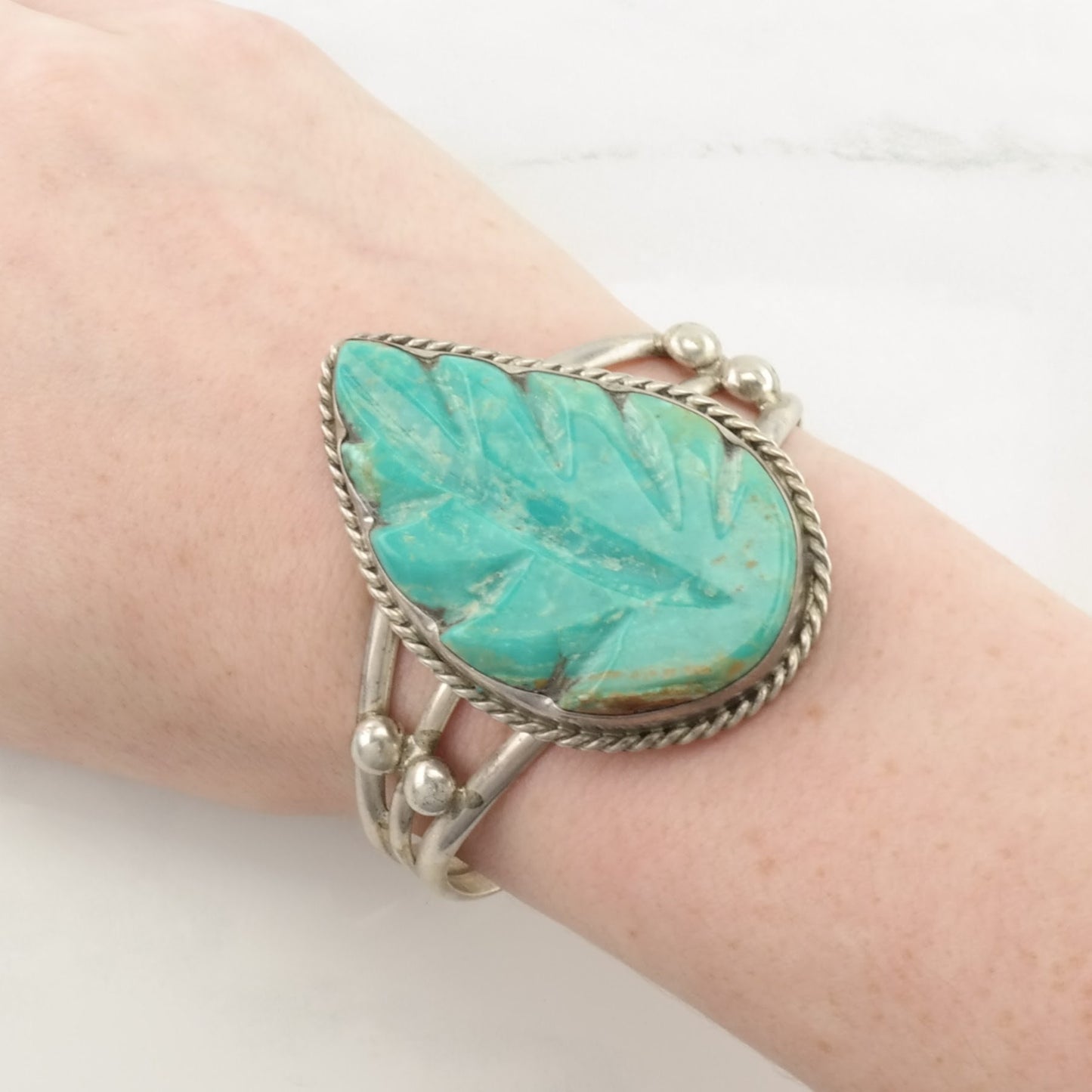 Southwest Sterling Silver Cuff Bracelet Blue Turquoise Leaf, Carving