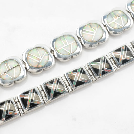 Lab Opal Inlay Sterling Silver Bracelet Onyx Southwest