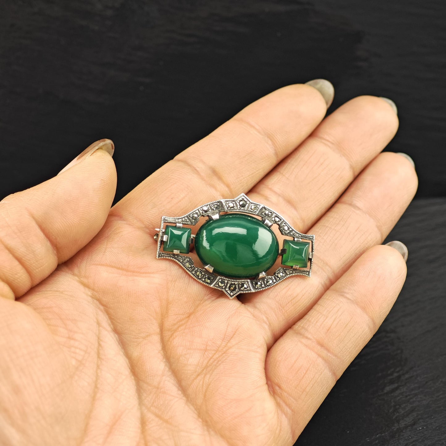 Art Deco Sterling Silver Brooch Oval Green Onyx, Marcasite B2141