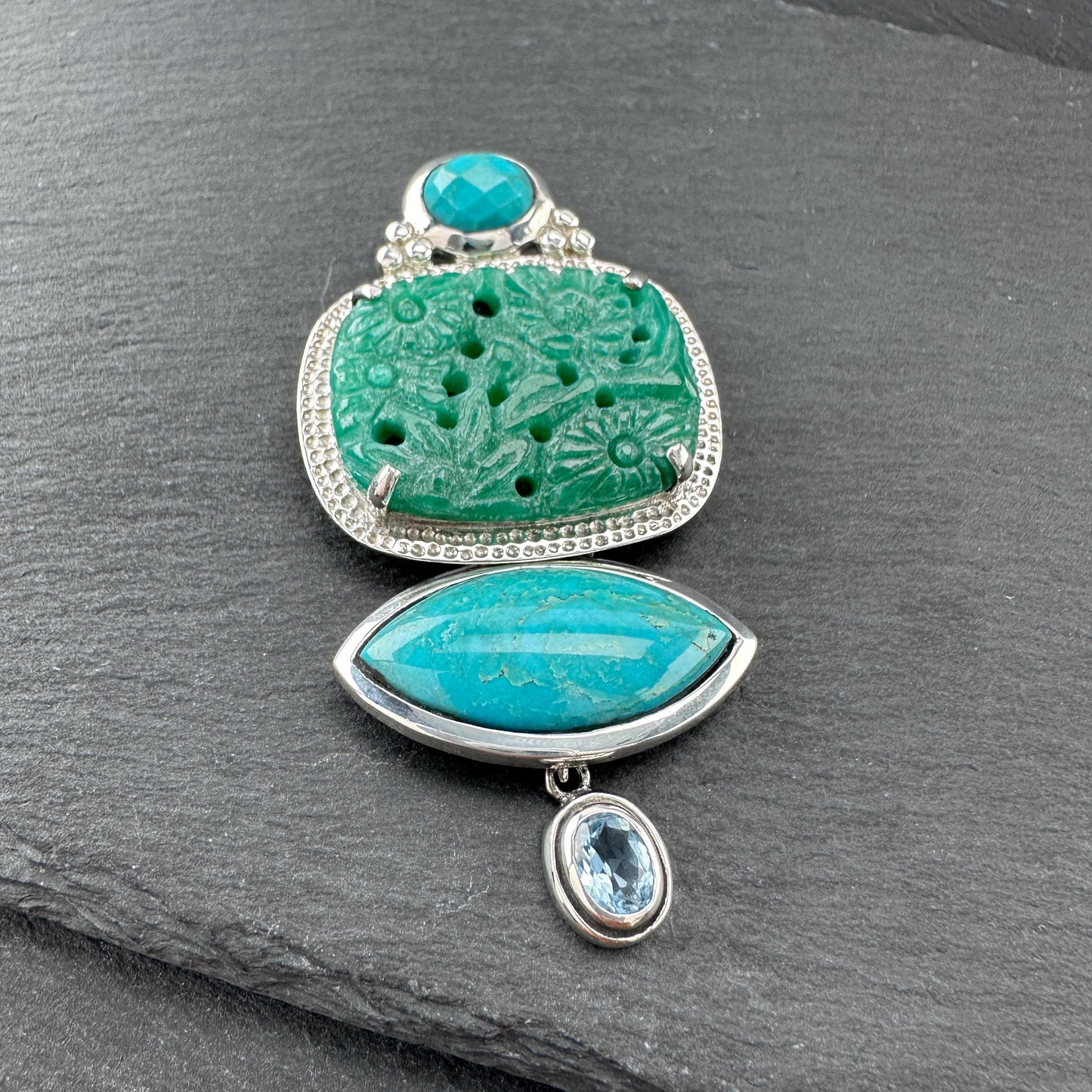 AKR Pendant Turquoise Carved Jade Quartzite Brooch Sterling Silver