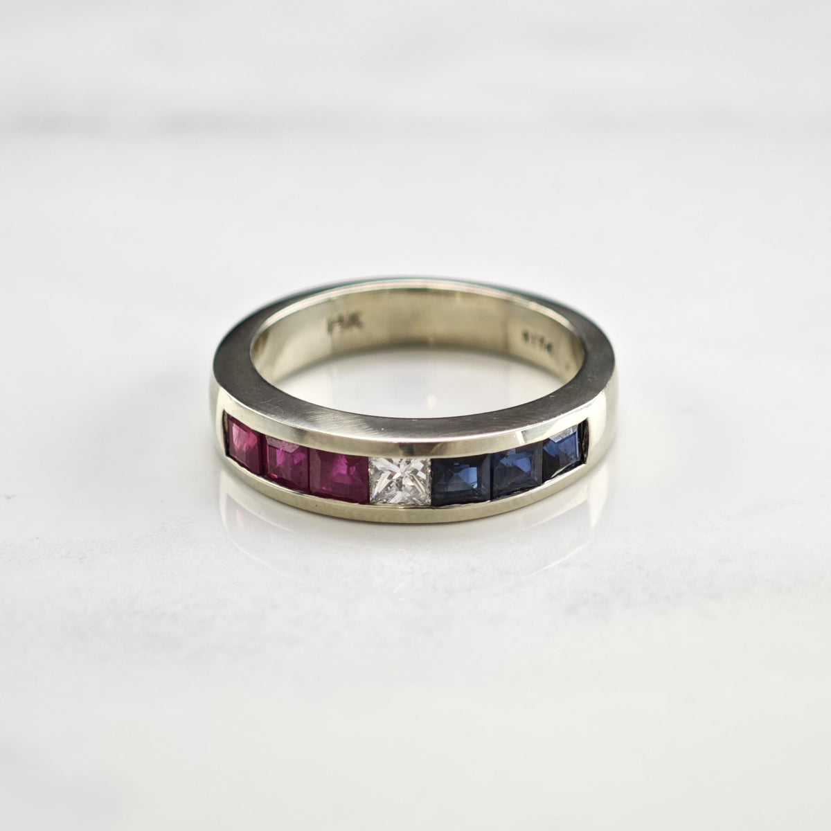 Red White & Blue Diamond Ruby Sapphire 14K White Gold Ring Sz 5 3/4 R6804