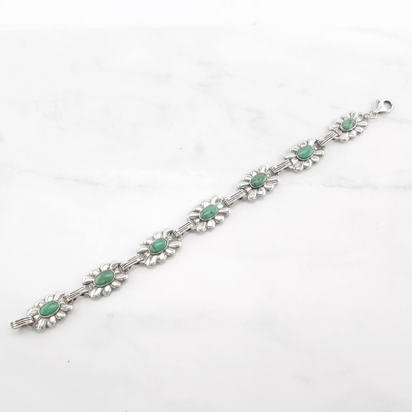 Fred Harvey Era Sterling Silver Link Bracelet Green Turquoise Floral