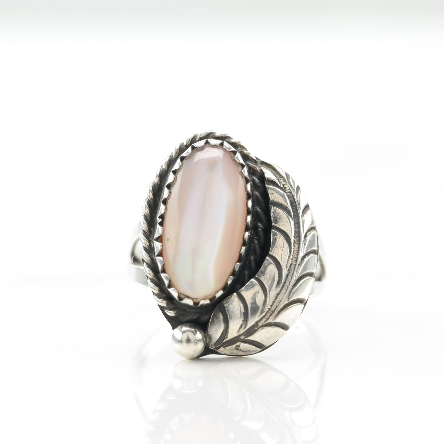 Native American Silver Ring MOP Feather Sterling Pink Size 5 3/4