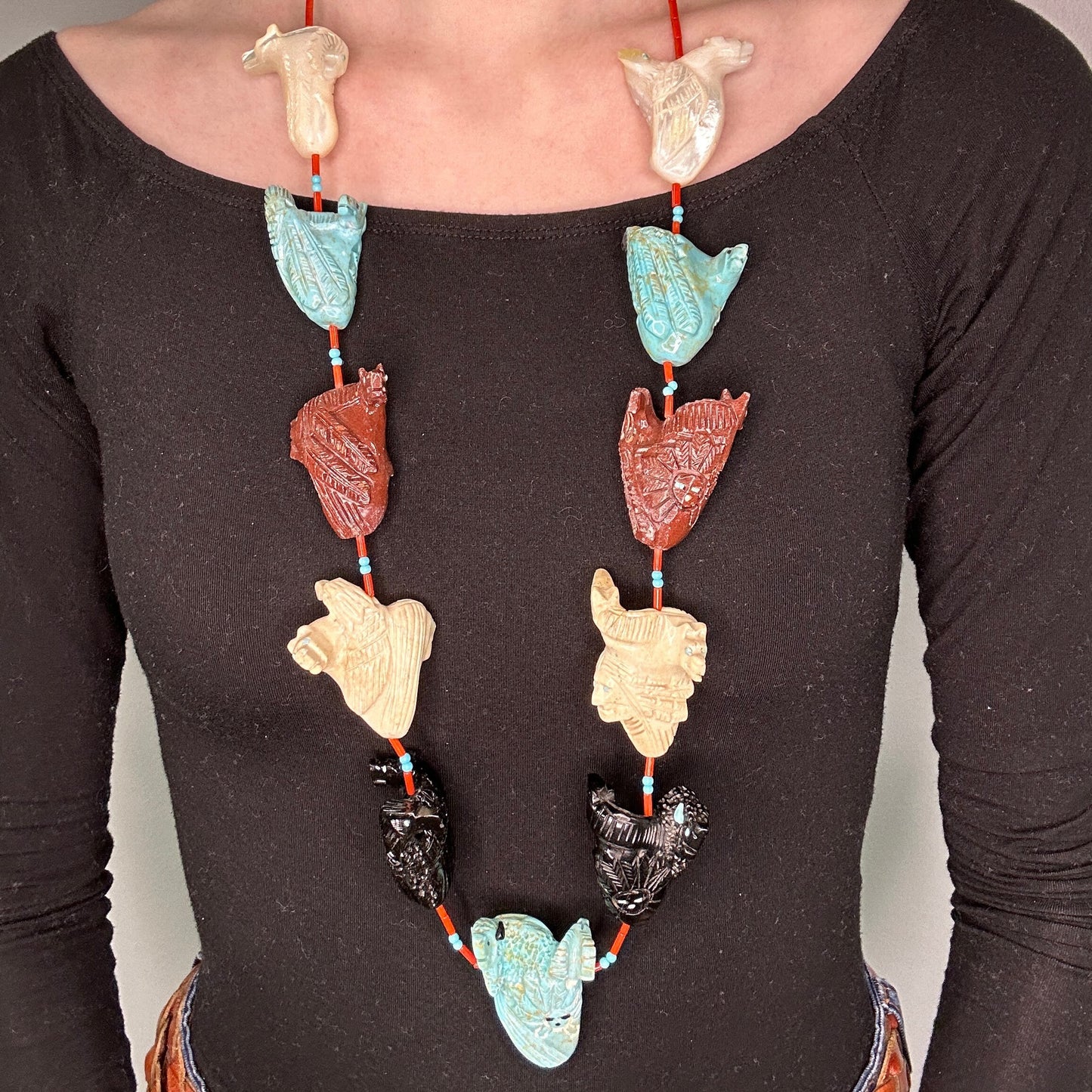 Southwest Sterling Silver Onyx, Block Turquoise Carved Animals, Faces Necklace