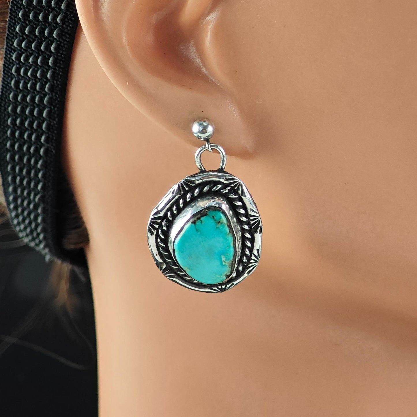 Southwest Turquoise, Stamped Stud/Dangle Earrings Sterling Silver