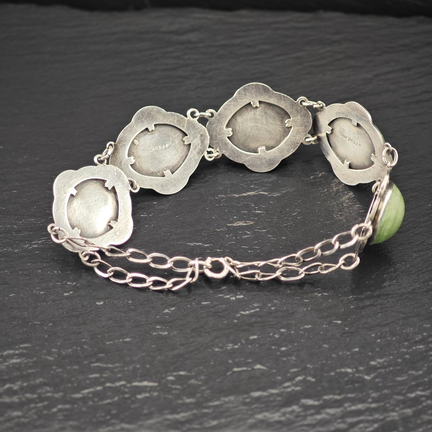 Antique Green Gemstone Cabochons Bracelet Sterling Silver Size 7 1/4"