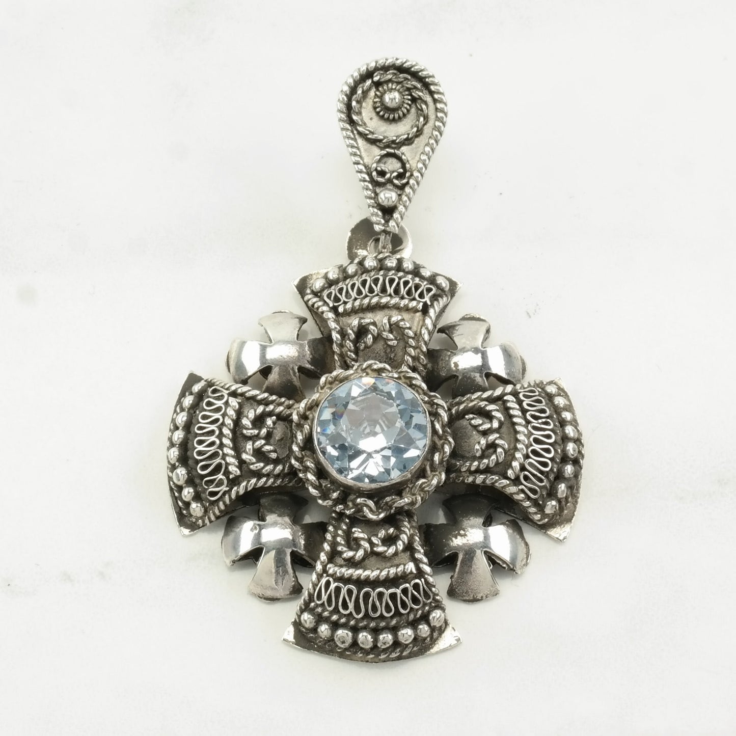 Vintage Gemstone Cross Jerusalem Cross Sterling Silver Pendant