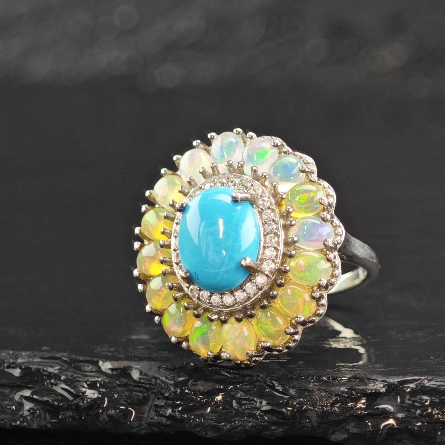 Vintage Turquoise & Opal Sterling Silver Ring Sz 5 1/4 R6612