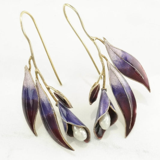 Vintage Sterling Silver Fish hook Earrings Purple Enamel, Pearl Floral