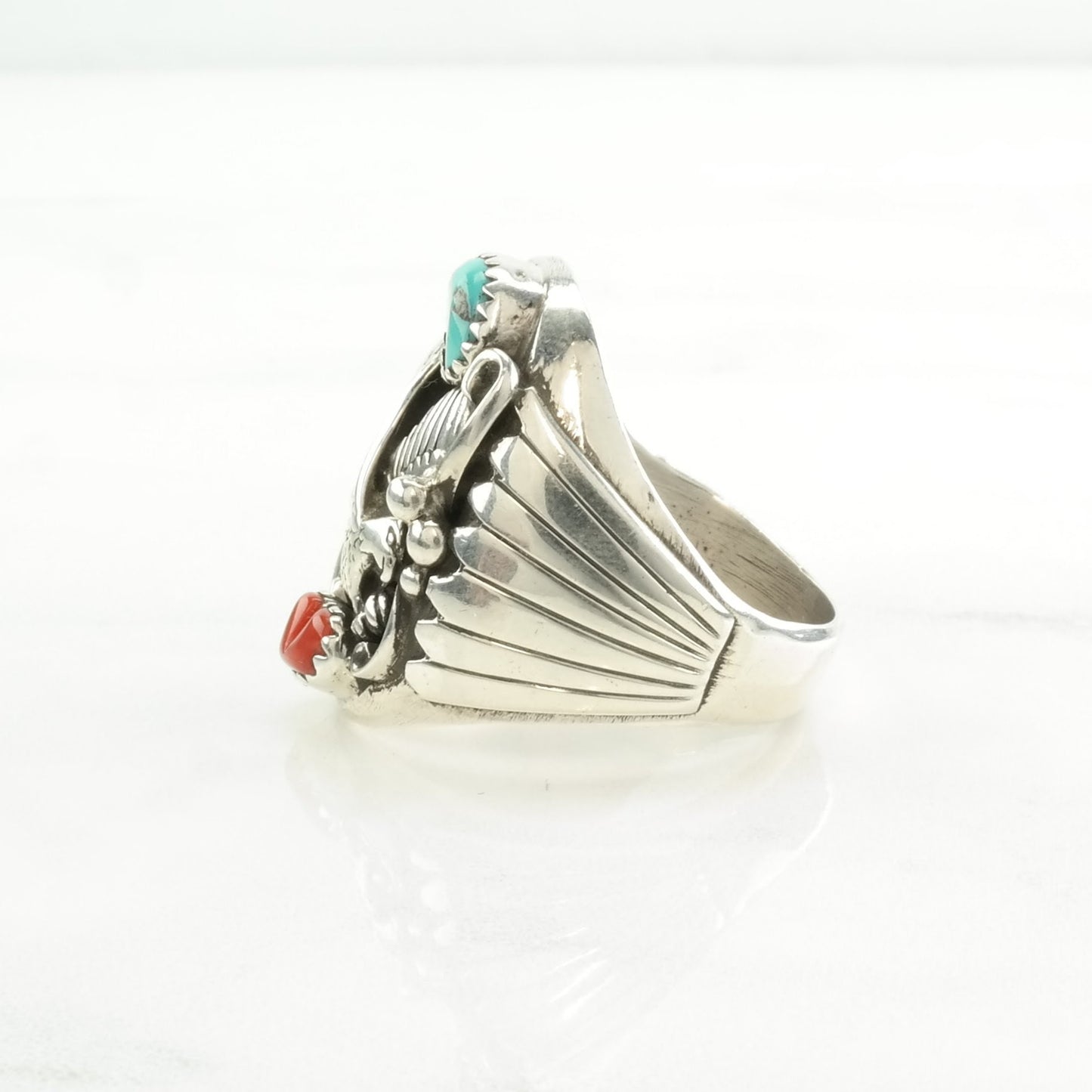 Native American Silver Ring Turquoise, Coral Eagle Sterling Red, Blue Size 12 1/4