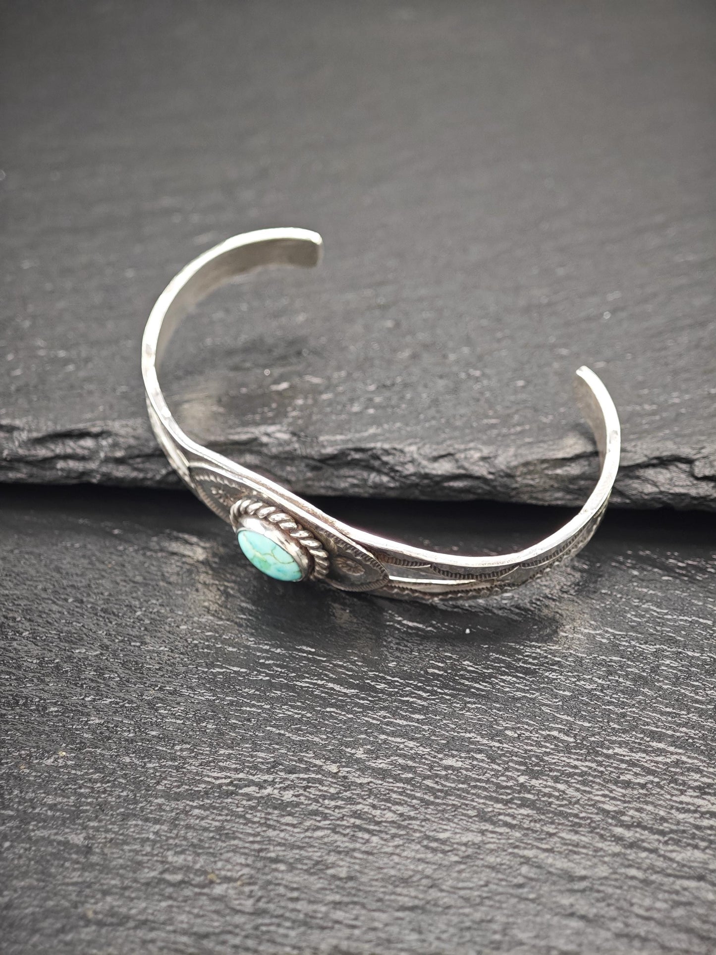 Native American Turquoise, Stamped Cuff Bracelet Sterling Silver