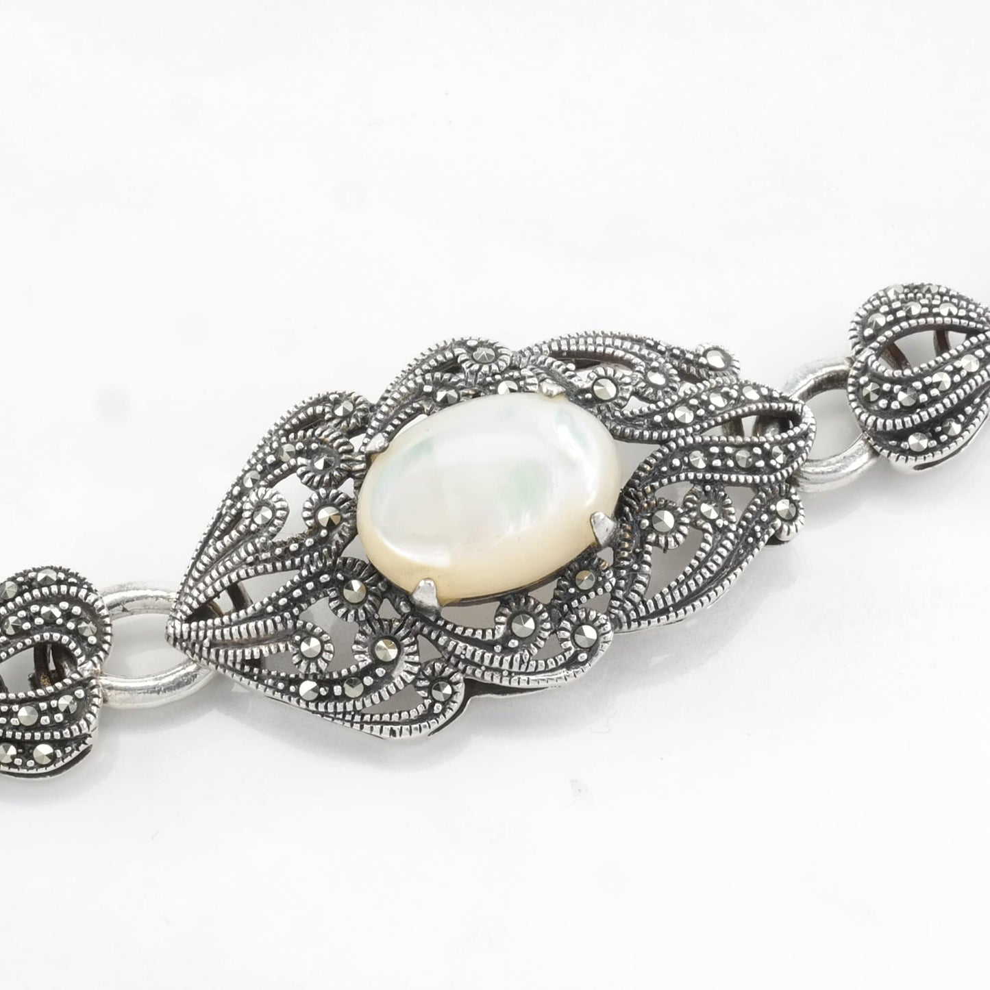 Art Deco Style Marcasite Bracelet Sterling Silver Link MOP